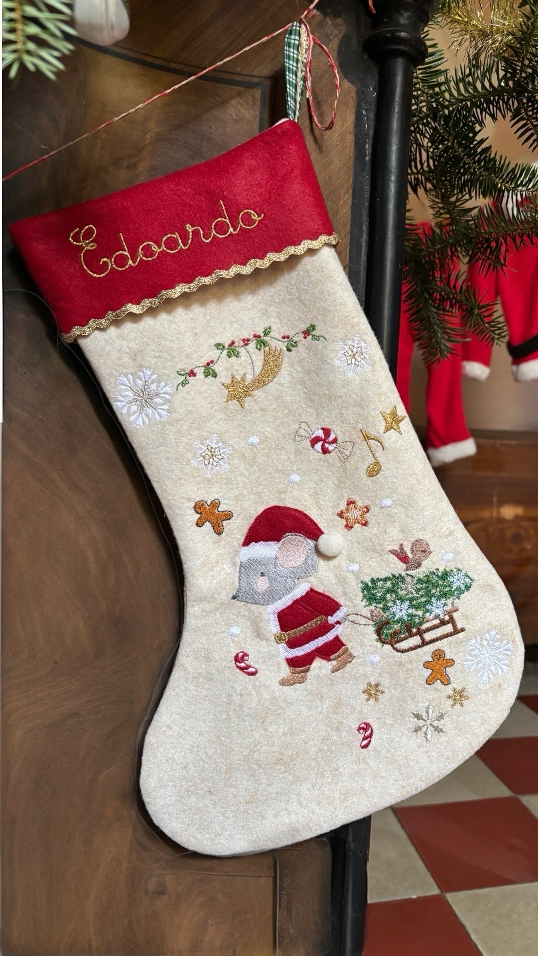 Calza Natalizia in Lana | Personalizzata | Topolino Babbo Natale| Embroidery store Letizia