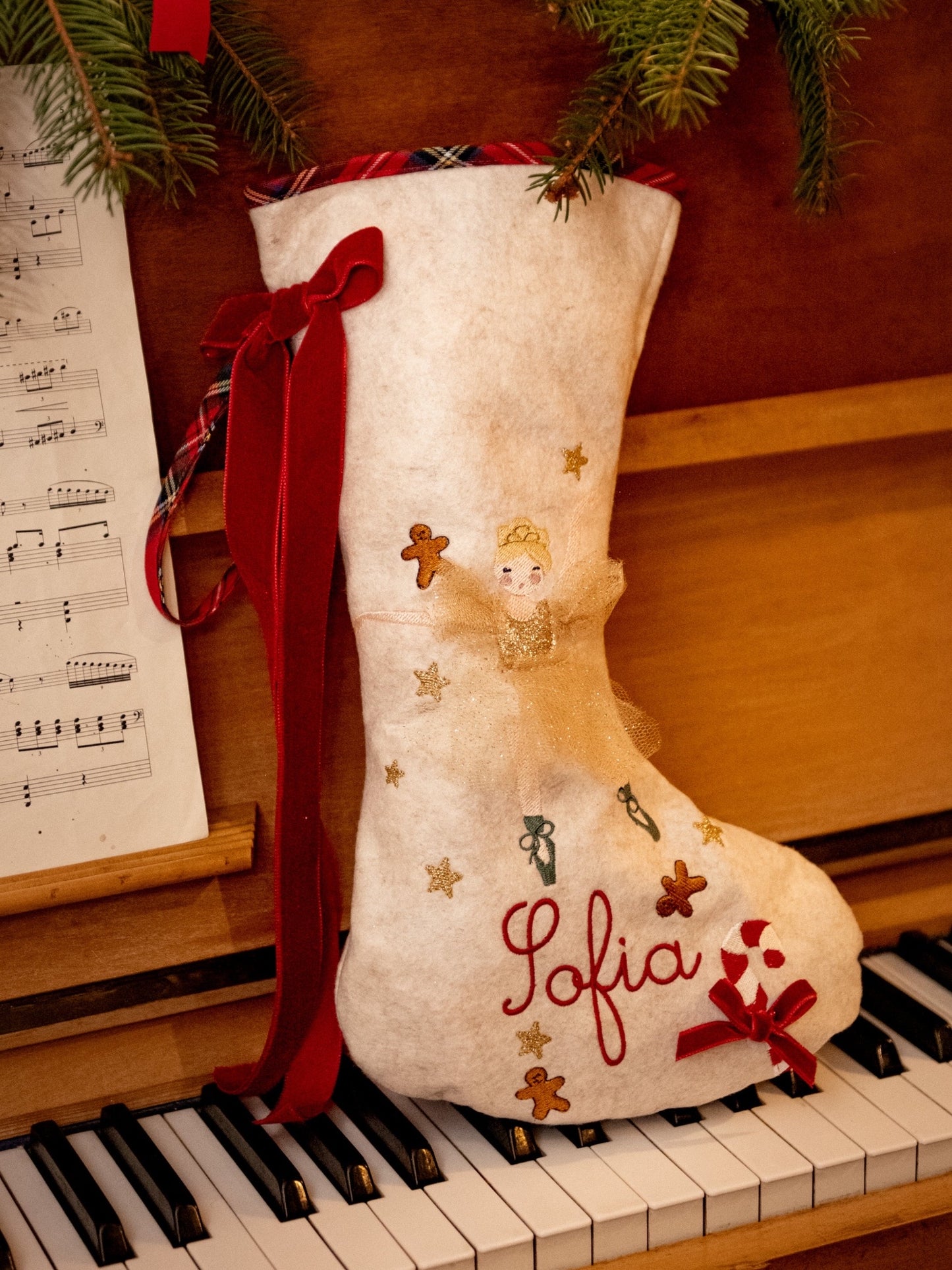 Calza della Befana in Lana e Tartan | Personalizzata | Ballerina | Embroidery store Letizia