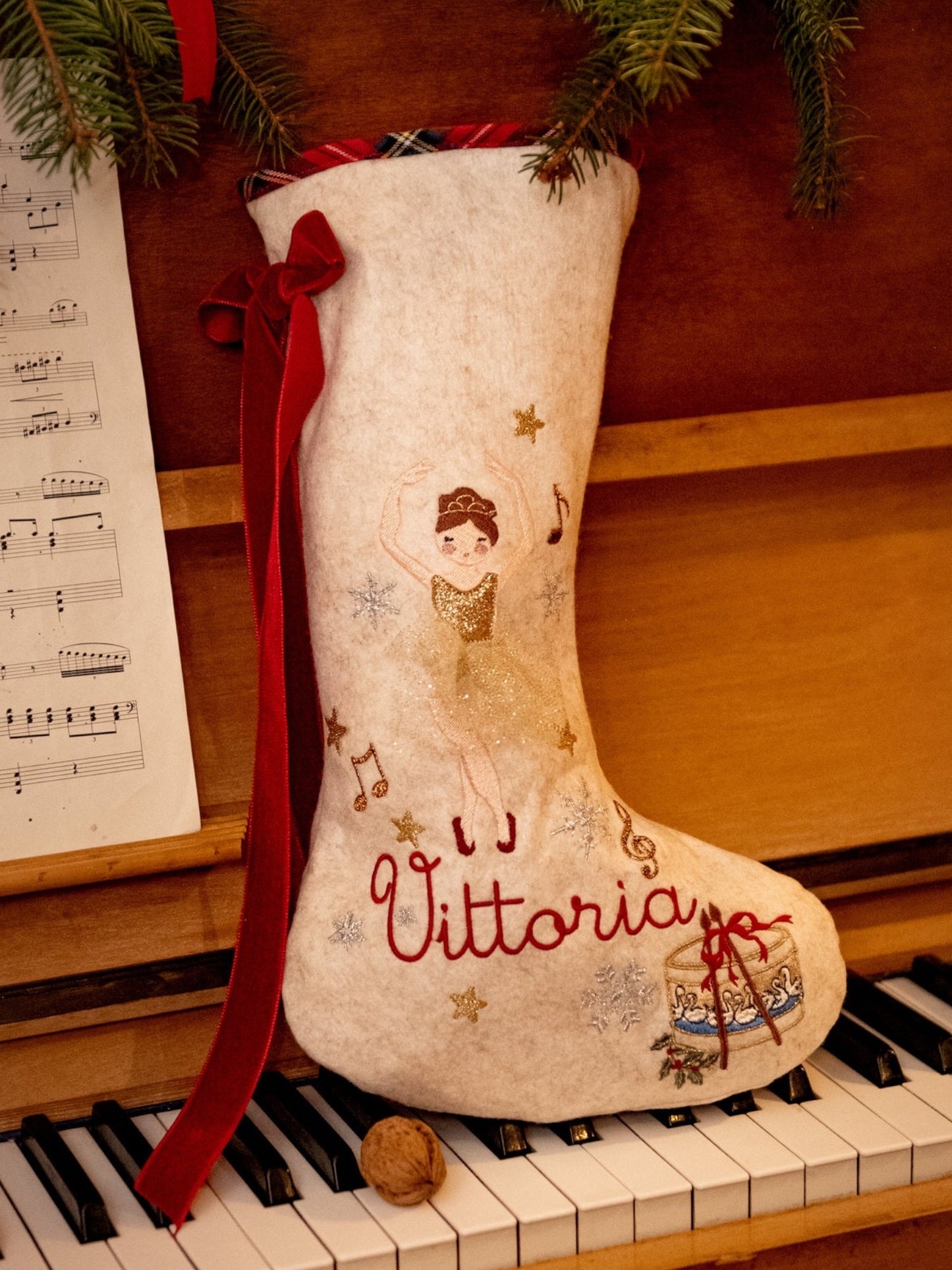 Calza Natalizia in Lana e Tartan | Personalizzata | Ballerina | Embroidery store Letizia