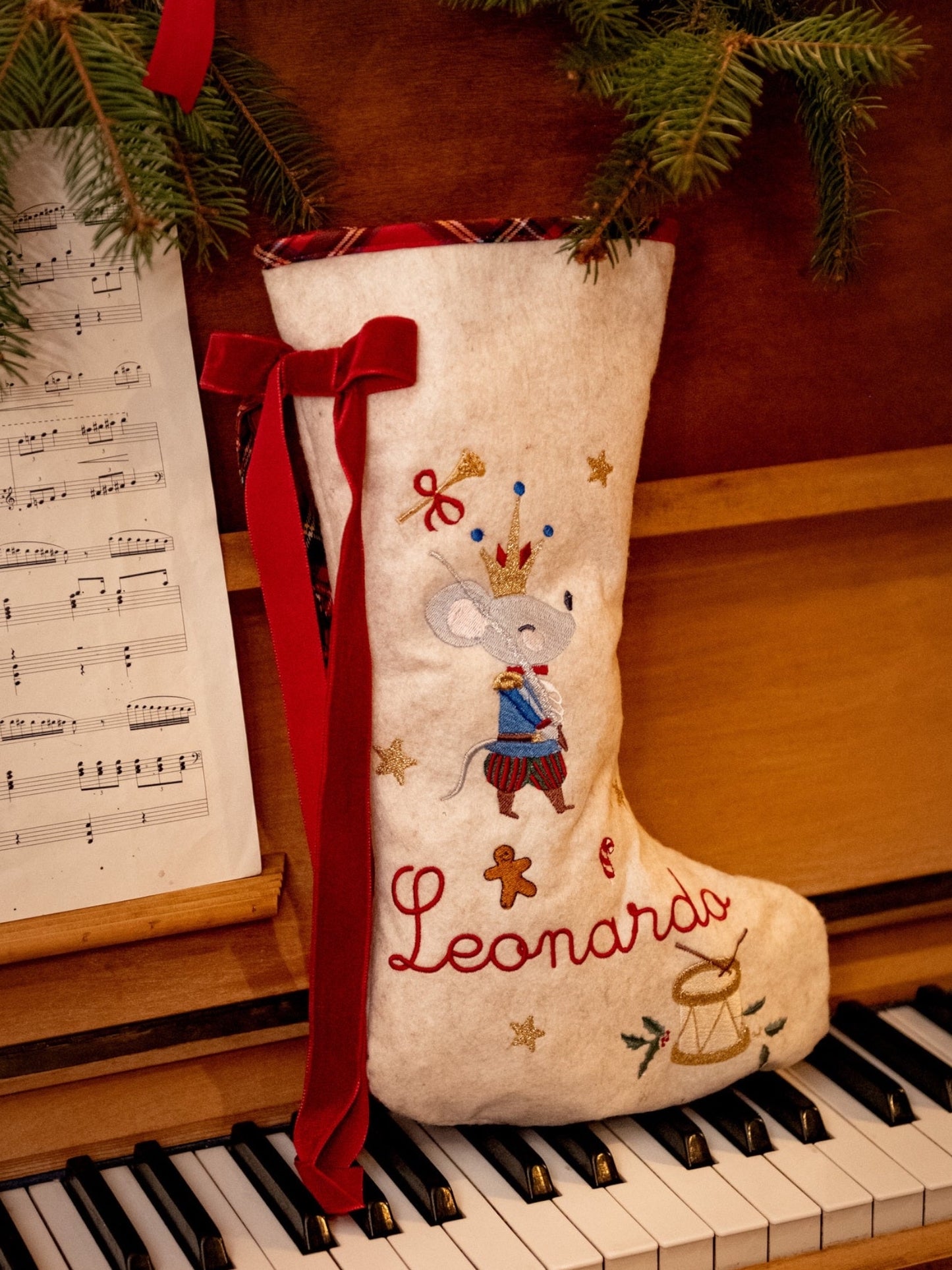 Calza Natalizia in Lana e Tartan | Personalizzata | Topolino | Embroidery store Letizia