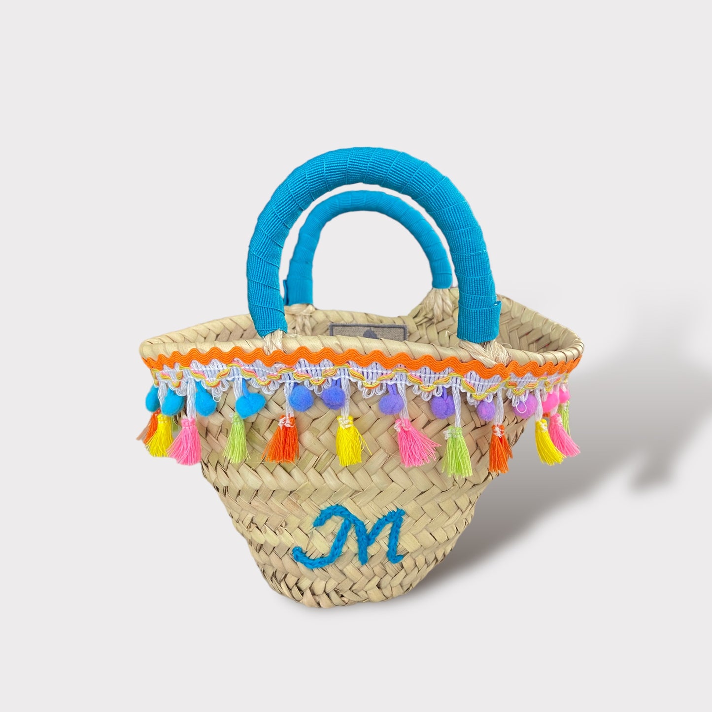 Mini Borsa di Paglia Artigianale e Personalizzata | Little Pom pom Beach bag Fluo | Embroidery store di Letizia