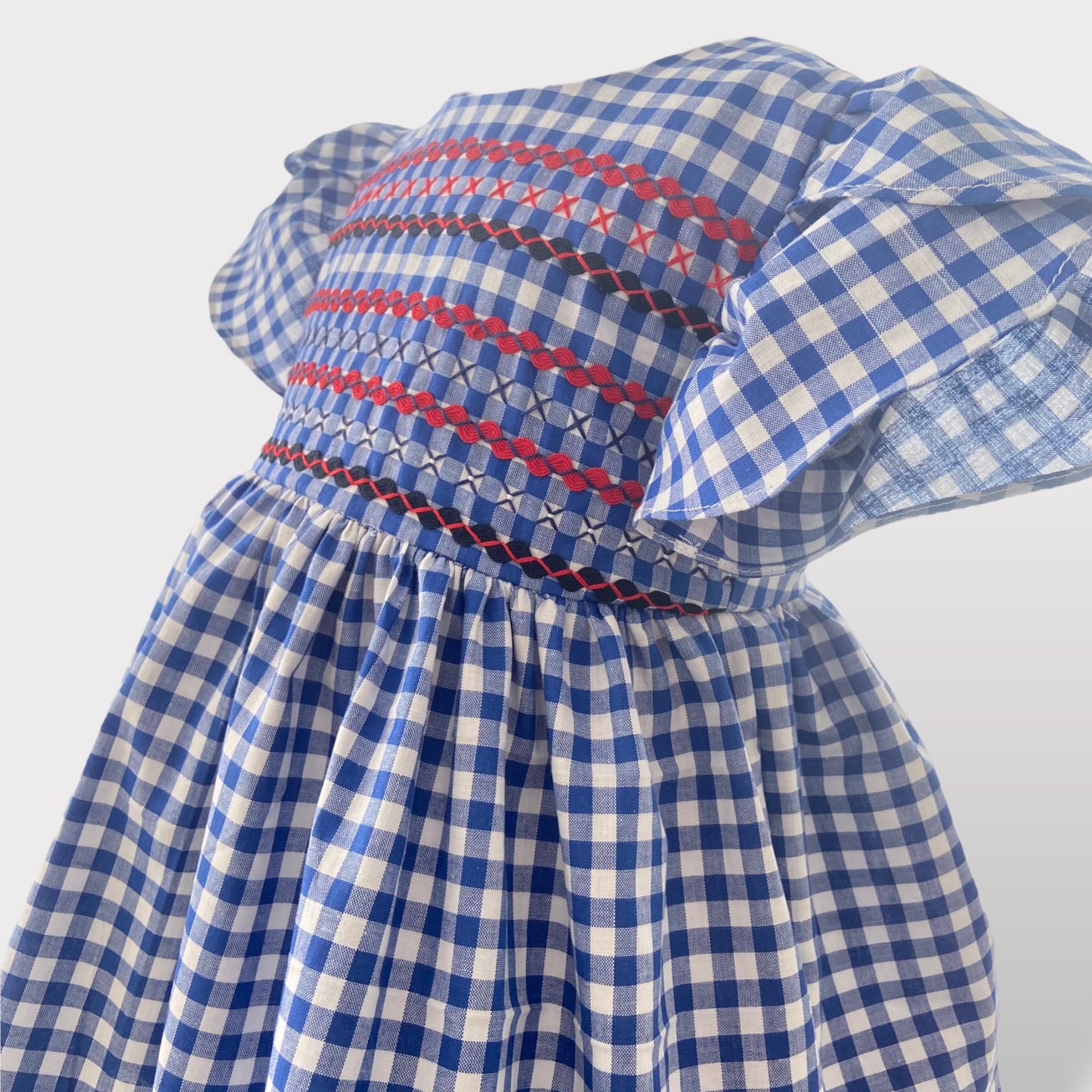 Abito a Manica Corta Sbuffo in Vichy Blu e Bianco, Ricamato a Mano -(18-24 mesi) Embroidery Store Letizia