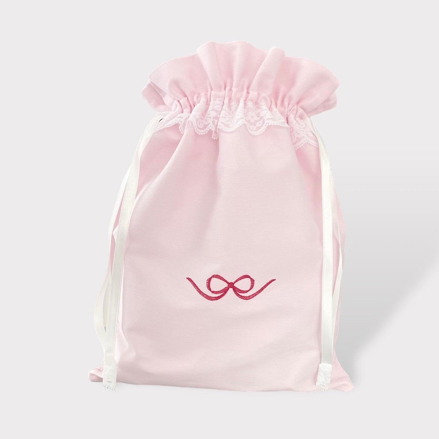 Sacchetto per il Cambio Principessa | Fiocco Rosso Ricamato, Pizzo Bianco e Piquet di Cotone Rosa | Emboridery Store Letizia