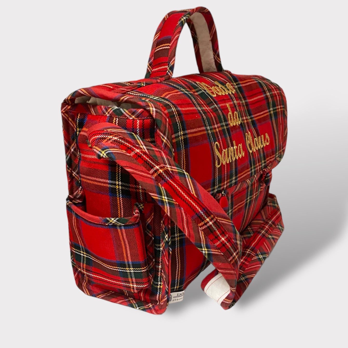 Borsa con Tracolla in Lana Tartan Rossa con Ricamo in Oro Lurex "Vado da Santa Claus"
