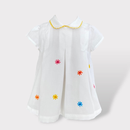 Vestito Floreale con Ricamo a Mano | Fiorellini Fluo| Colletto in Piquet di Cotone | 3 mesi - 36 mesi ) | Embroidery Store di Letizia