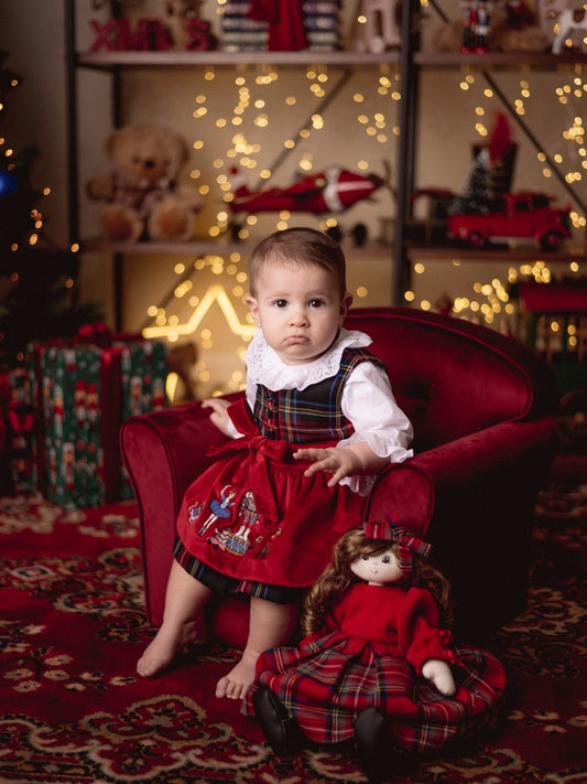 Schurwolle Tartan Kleid mit Nussknacker bestickter Schürze ( 03 Monate - 36 Monate ) | Embroidery Store Letizia