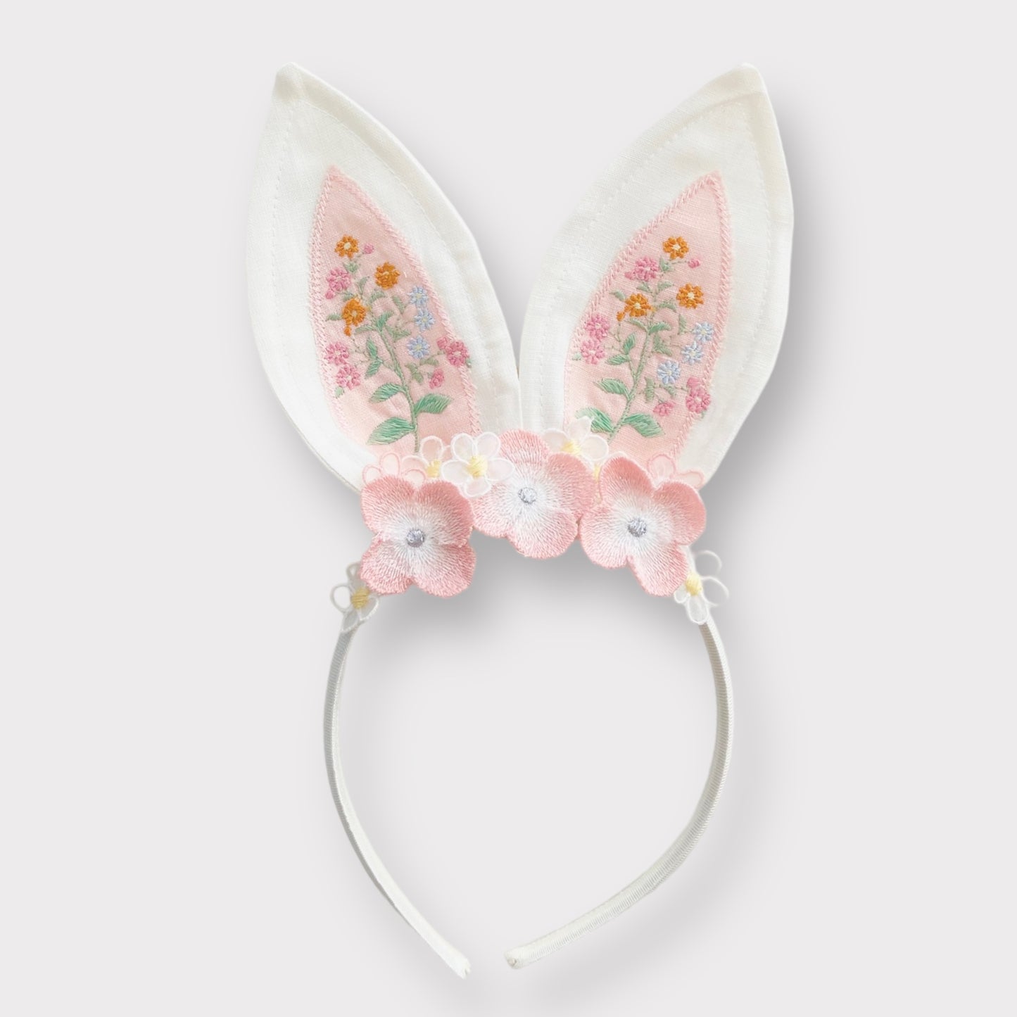 Cerchietto Pasquale per Neonati e Bambini con Orecchie Modellabili e Fiori Ricamati