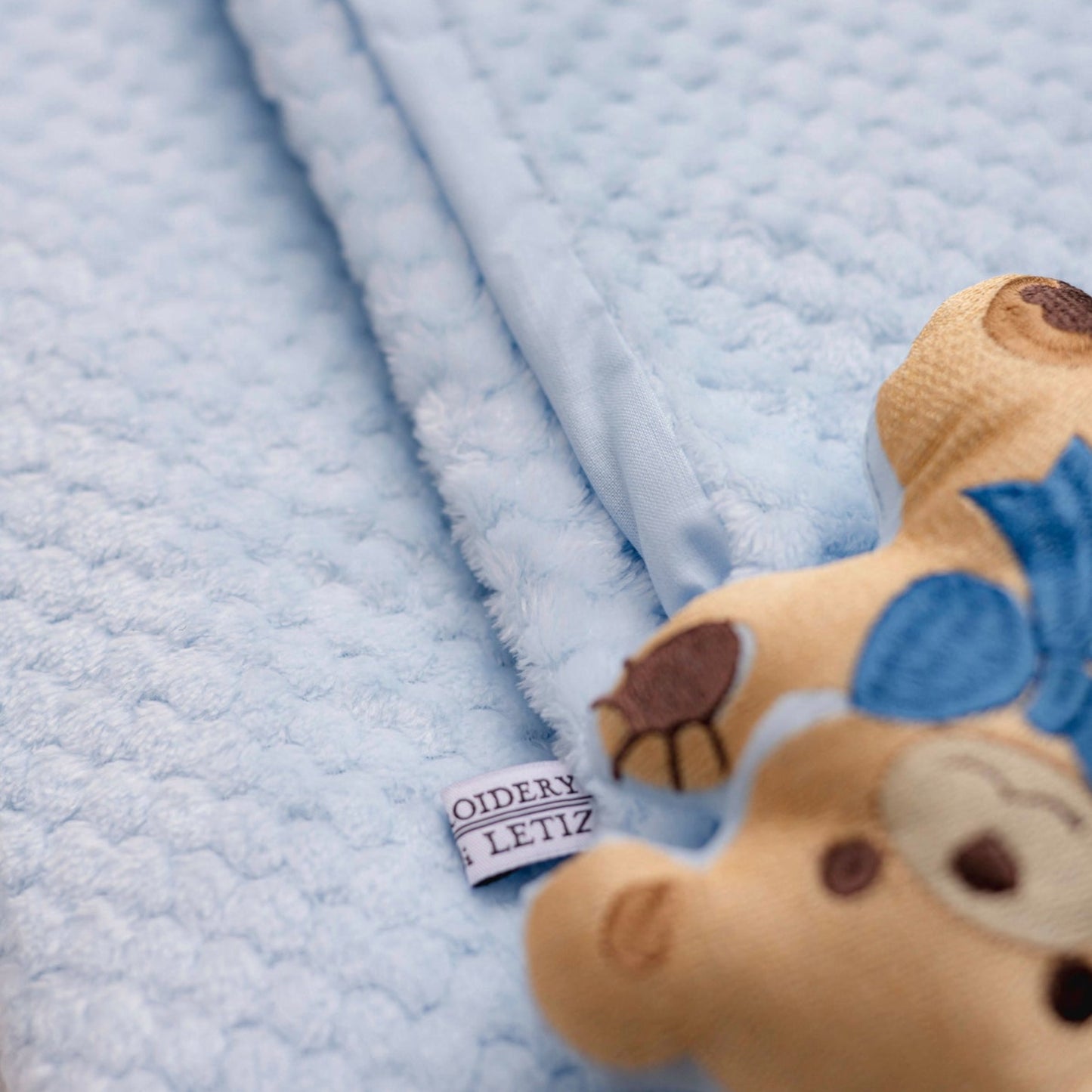 Soft and Comfortable Light Blue Dou Dou Cover with Embroidered Bear | Letizia's Embroidery Store