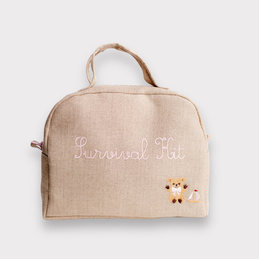 Survival Kit Neonati in Puro Lino Ricamato Rosa | Borsa Multifunzione per Viaggi e Passeggiate | Embroidery store di Letizia