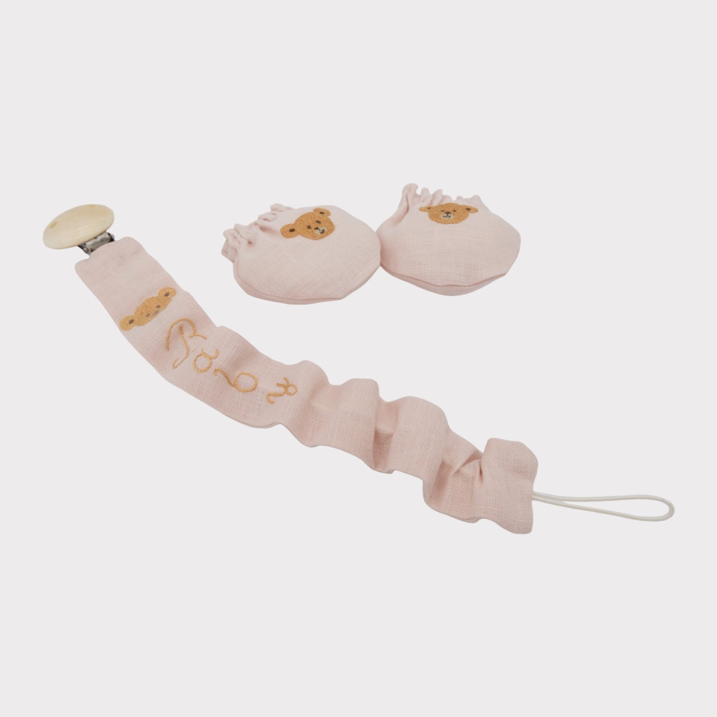 Neugeborene Kratzfäustlinge mit Teddybär - Fäustlinge aus reinem Leinen mit Handstickerei