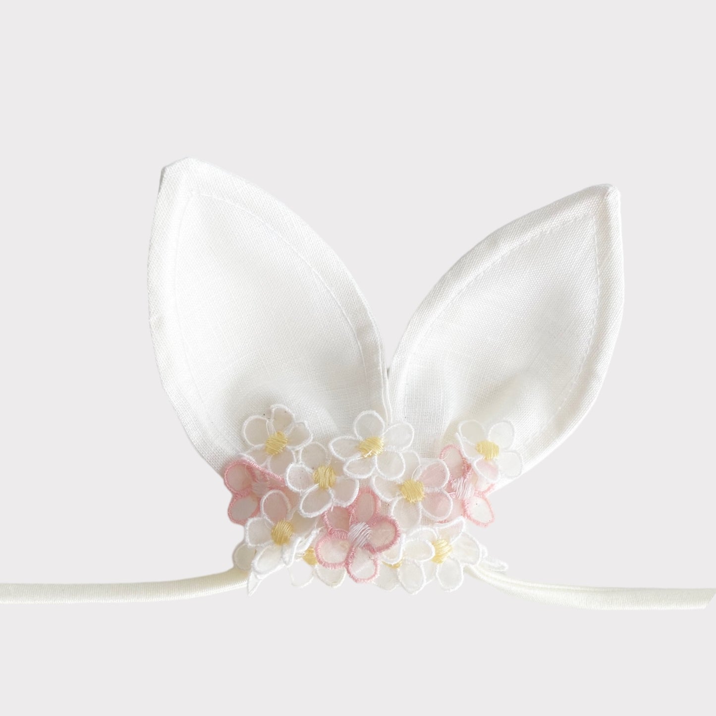 Fascetta per Neonati New Born Tieback Halo - Puro Lino Bianco con Fiori in Organza di Seta