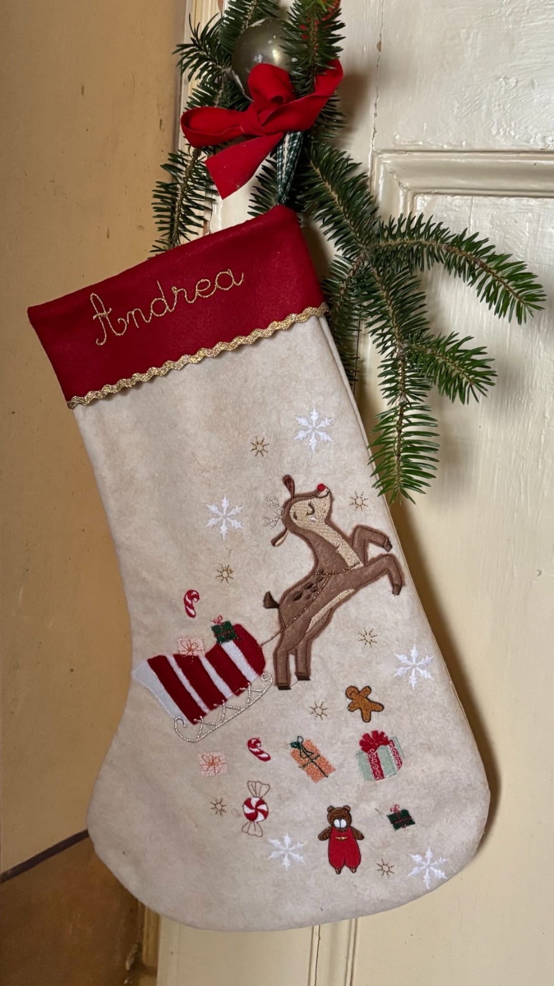 Calza Natalizia in Lana | Personalizzata | Renna e Slitta | Embroidery store Letizia