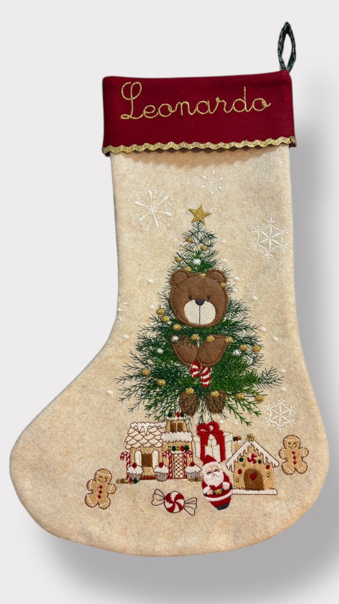 Calza Natalizia in Lana | Personalizzata | Orsetto Albero Natalizio | Embroidery store Letizia