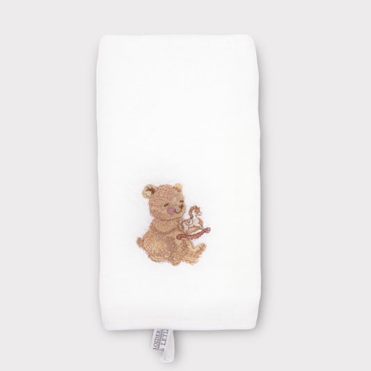 Terry towel with embroidery - teddy bear and rocking horse