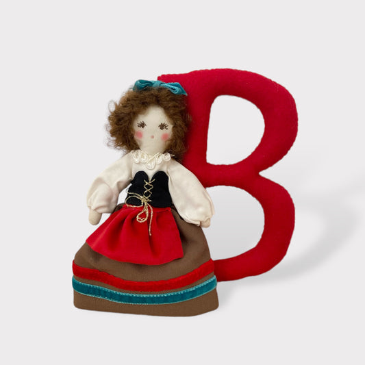 Letterina Decorativa "B" con Bambolina Folk | Rosso