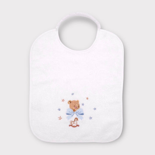 Sponge nursery bib - embroidered teddy bear and rocking horse