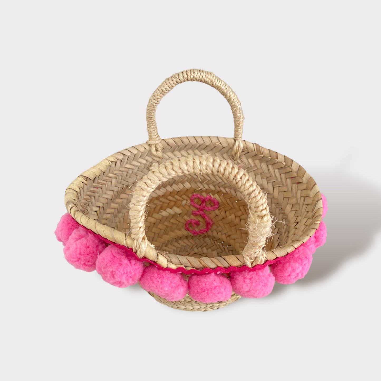 Handgefertigt und personalisiert | Kleine Pom pom pom Strandtasche rosa Fluo | Embroidery store Letizia