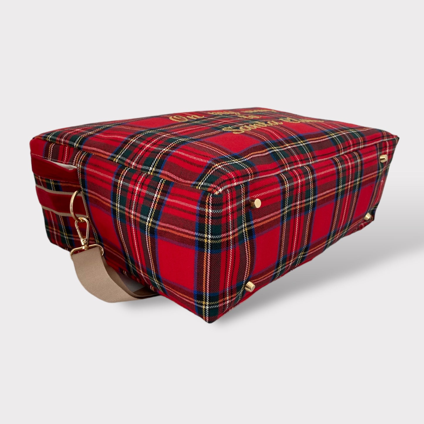 Borsa con Tracolla in Lana Tartan Rossa con Ricamo in Oro Lurex "On my way to Santa Claus"