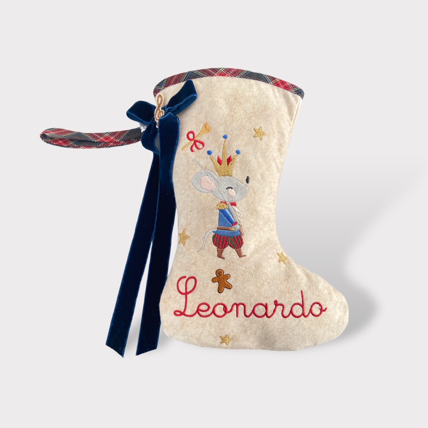 Calza della Befana in Lana e Tartan Blu | Media | Topolino | Embroidery store Letizia