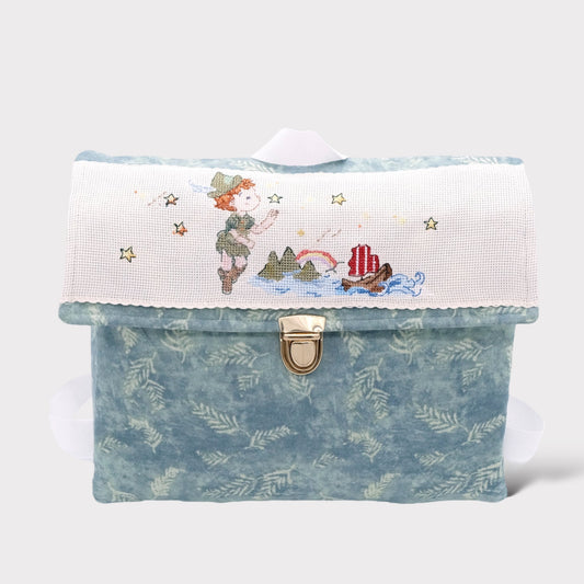 Kindergarten satchel in green fabric with feather prints - embroidery inspired by the fairy tale of Peter Pan