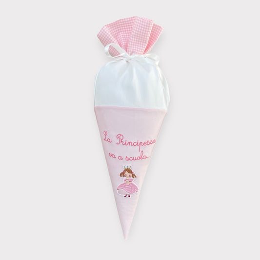 Schultüte "La Principessa va a Scuola" - Cono di Primo Giorno in Piquet di Cotone Rosa | Embroidery store Letizia