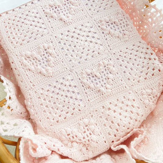 Crochet baby blanket handmade in pure light pink cotton