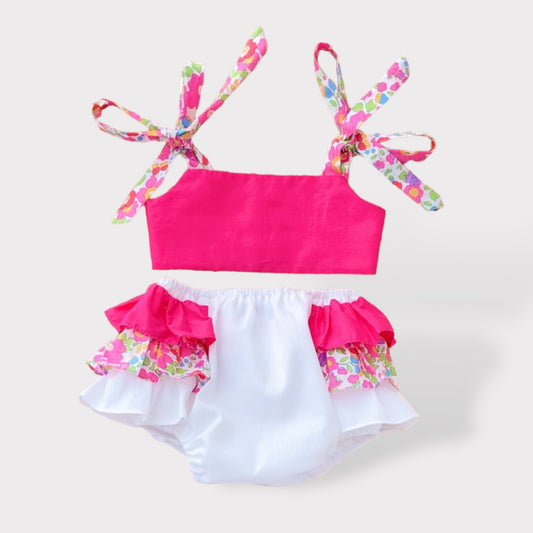 Costume da Mare Due Pezzi in Cotone per Neonati - Liberty e Fucsia - Embroidery store di Letizia