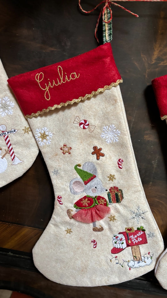 Calza Natalizia in Lana | Personalizzata | Topolino Elfo Ballerina| Embroidery store Letizia