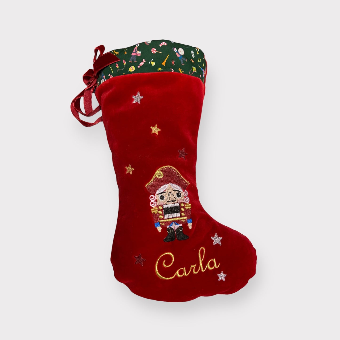 Calza della Befana in Velluto Rosso con Ricamo Schiaccianoci e Personalizzazione | Embroidery Store Letizia