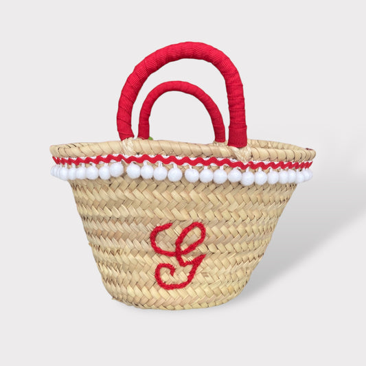 Mini Borsa di Paglia Artigianale e Personalizzata | Little Pom pom Beach bag rossa e bianca | Embroidery store di Letizia