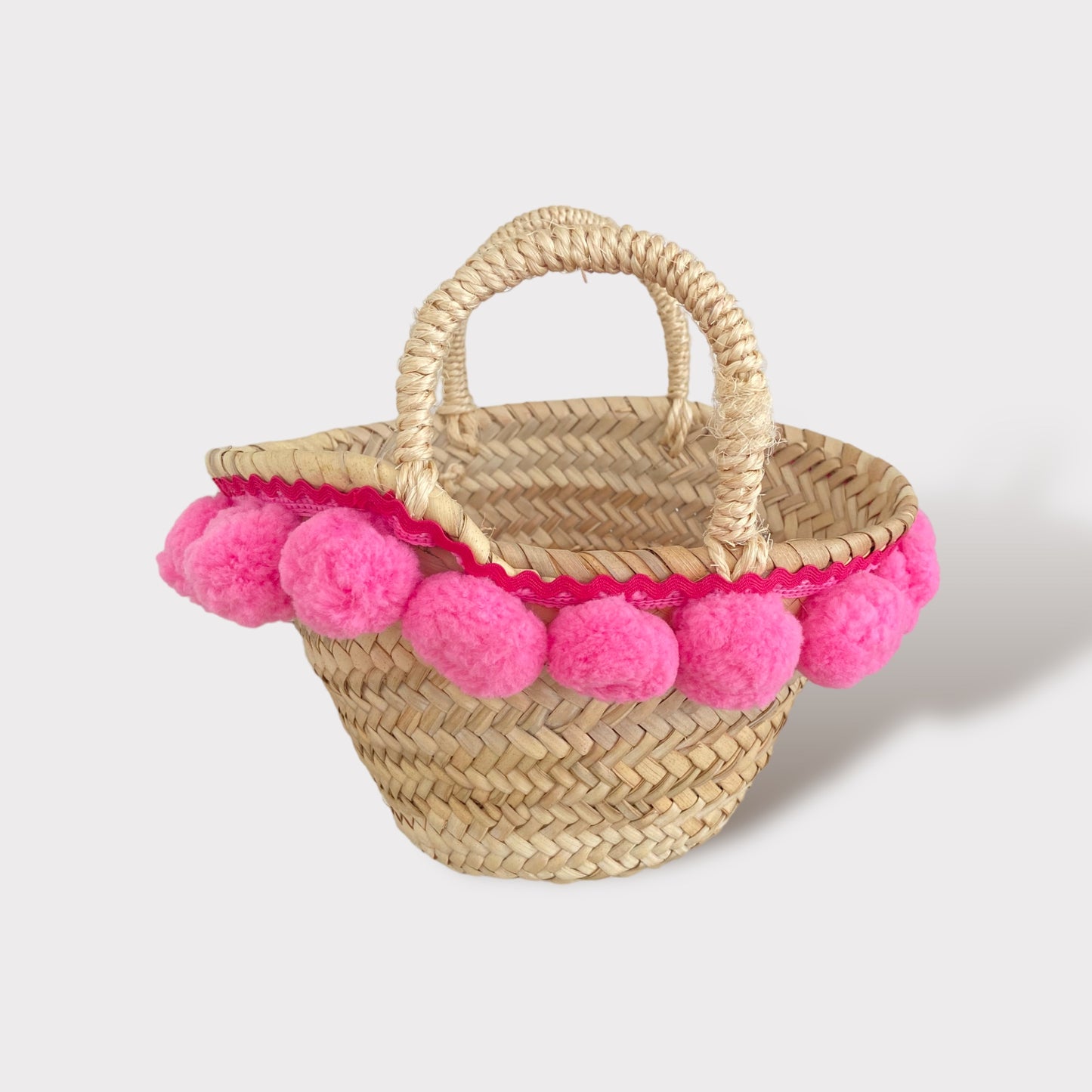 Mini Borsa di Paglia Artigianale e Personalizzata | Little Pom pom Beach bag rosa Fluo | Embroidery store di Letizia