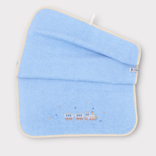 Light blue terry towel with embroidery - little train and stars