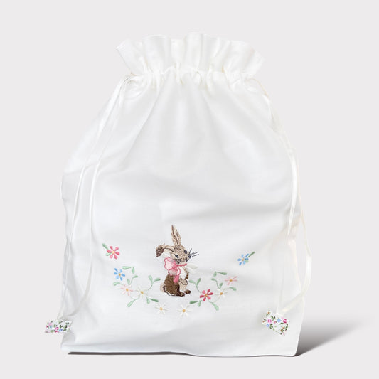Sacchetto per il Cambio in Piquet di Cotone Bianco-Ricamo Coniglietto e fiorellini | Embroidery Store di Letizia