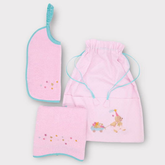 Conjunto infantil de rizo - babero, bolso y toalla rosa