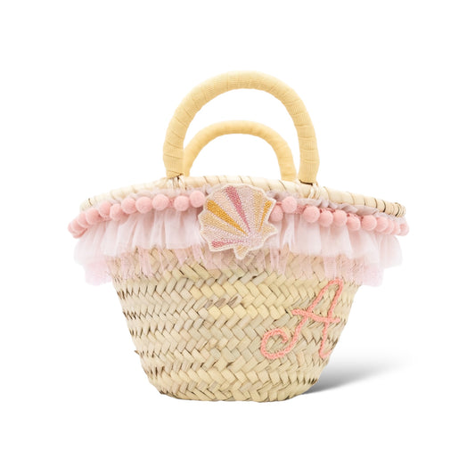 Personalised Straw Bag | Monogram Hand Embroidery | Tulle Sunset Pink | Embroidery store by Letizia