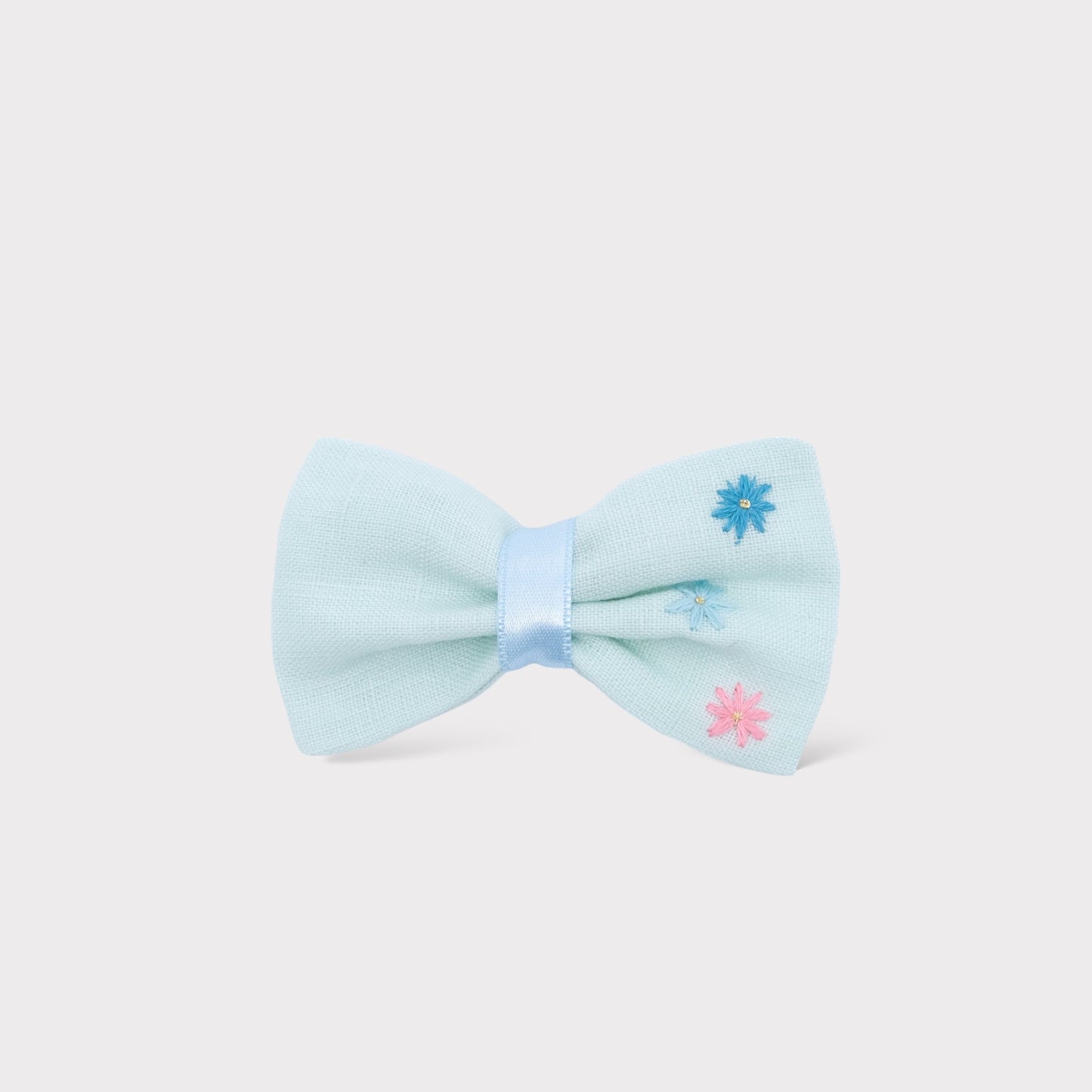 Bow clip capelli in lino acqua marina piccole margherite ricamate a mano