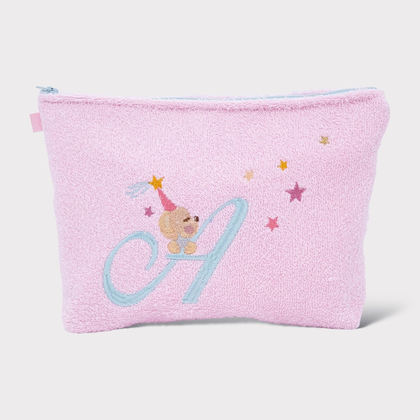 Trousse de toilette en éponge rose avec monogramme et ours fée brodé