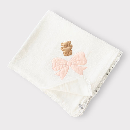 Terry cloth and pure linen birth towel with teddy bear and bow embroidery - Baby clinical drape