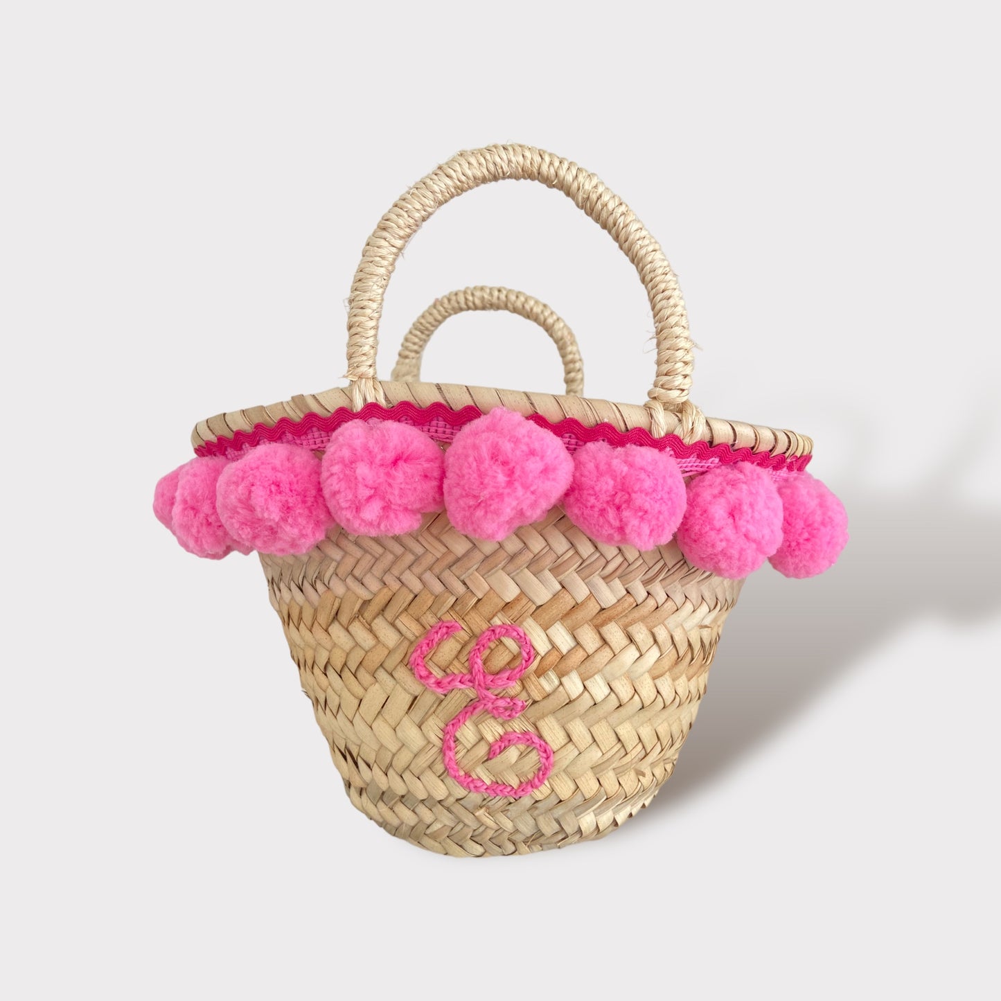 Mini Borsa di Paglia Artigianale e Personalizzata | Little Pom pom Beach bag rosa Fluo | Embroidery store di Letizia