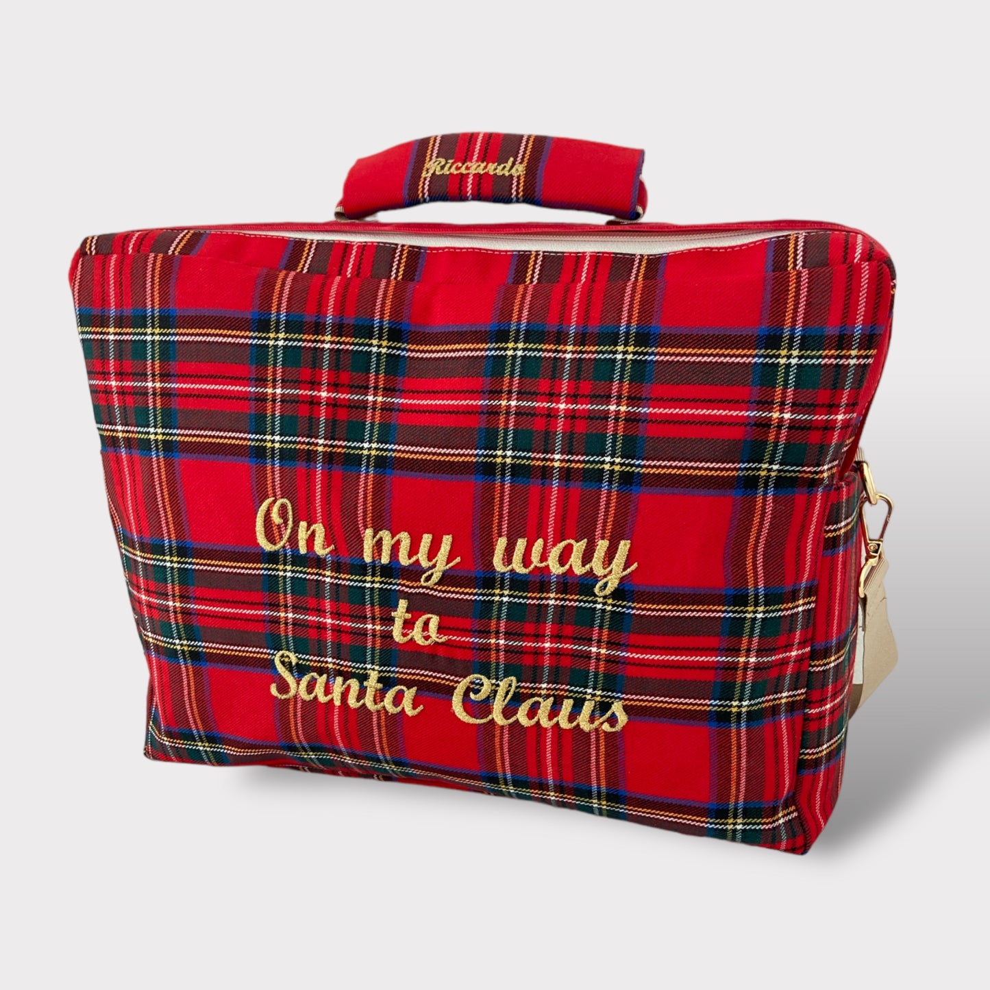 Rote Tartan Umhängetasche aus Wolle mit goldener Lurex-Stickerei "On my way to Santa Claus"