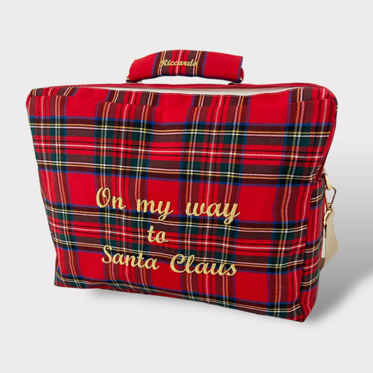 Borsa con Tracolla in Lana Tartan Rossa con Ricamo in Oro Lurex "On my way to Santa Claus"