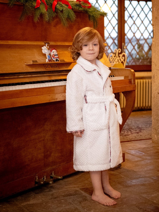 Vestaglia Bambino in Pile Cinigliato Bianco con Dettagli Tartan (3-6anni) | Embroidery store Letizia