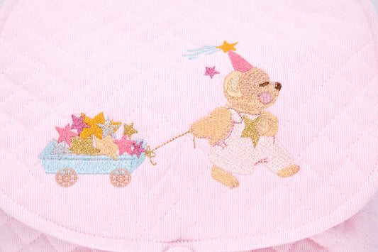 Rosa gesteppter Rucksack mit kleinem Feenbär und gestickten Sternen