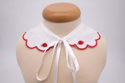 Hand embroidered pure linen collar - red roses and scallop