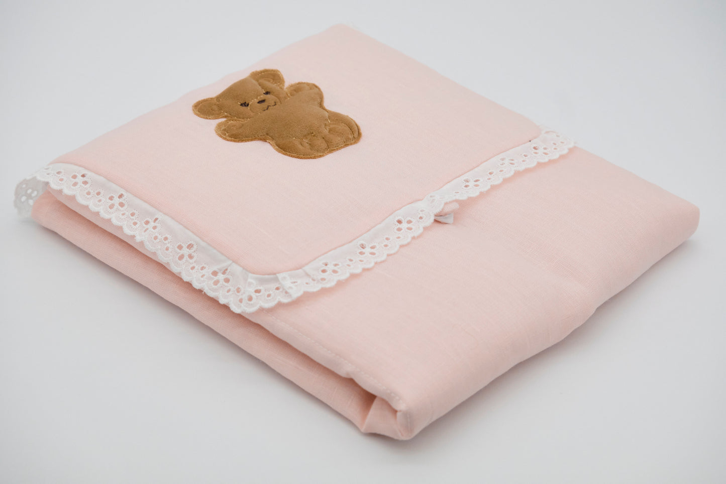 Portable folding travel changing table with embroidered teddy bear in pure linen and cotton terry