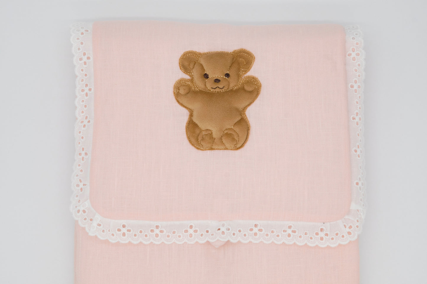 Portable folding travel changing table with embroidered teddy bear in pure linen and cotton terry