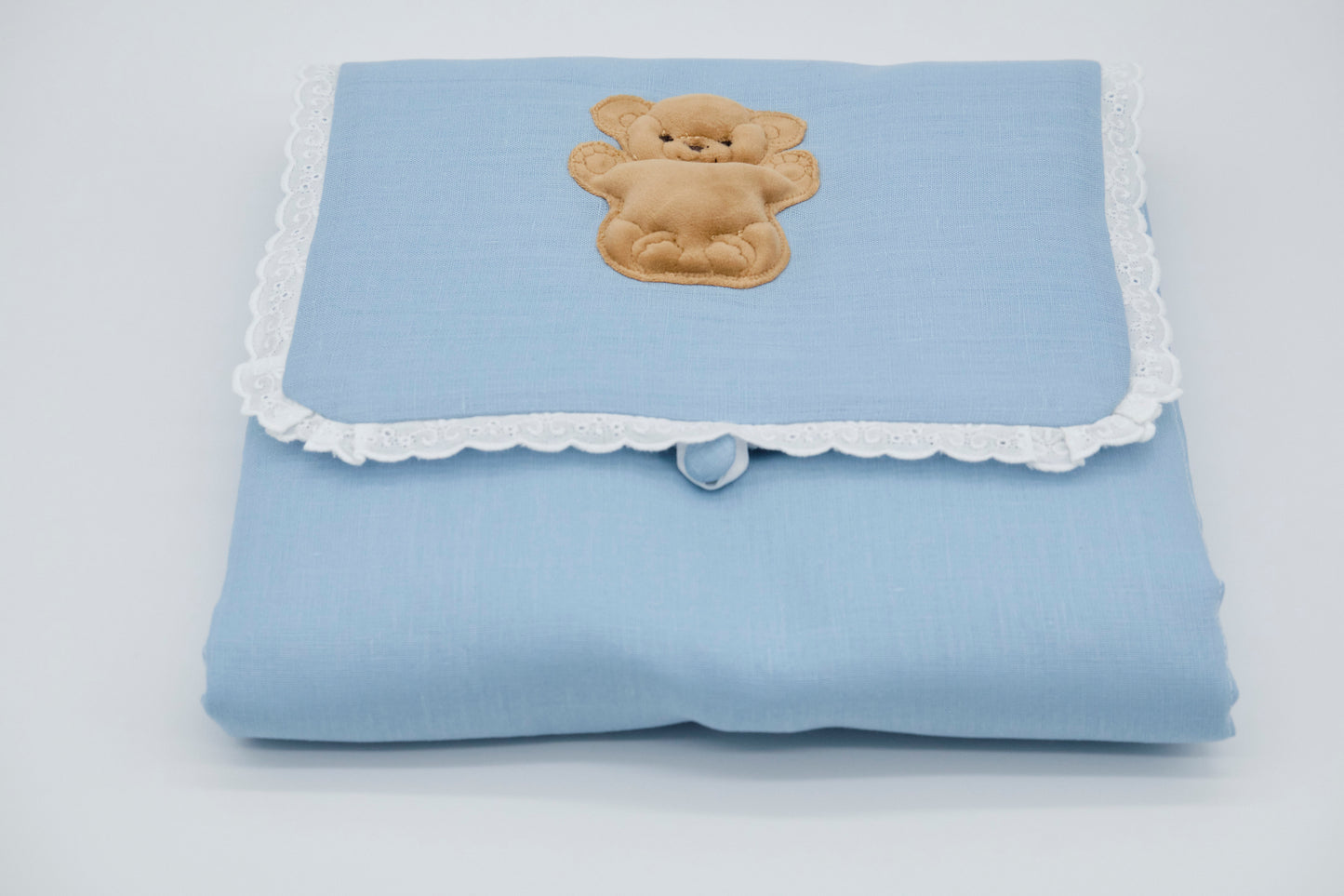 Portable folding travel changing table with embroidered teddy bear in pure linen and cotton terry