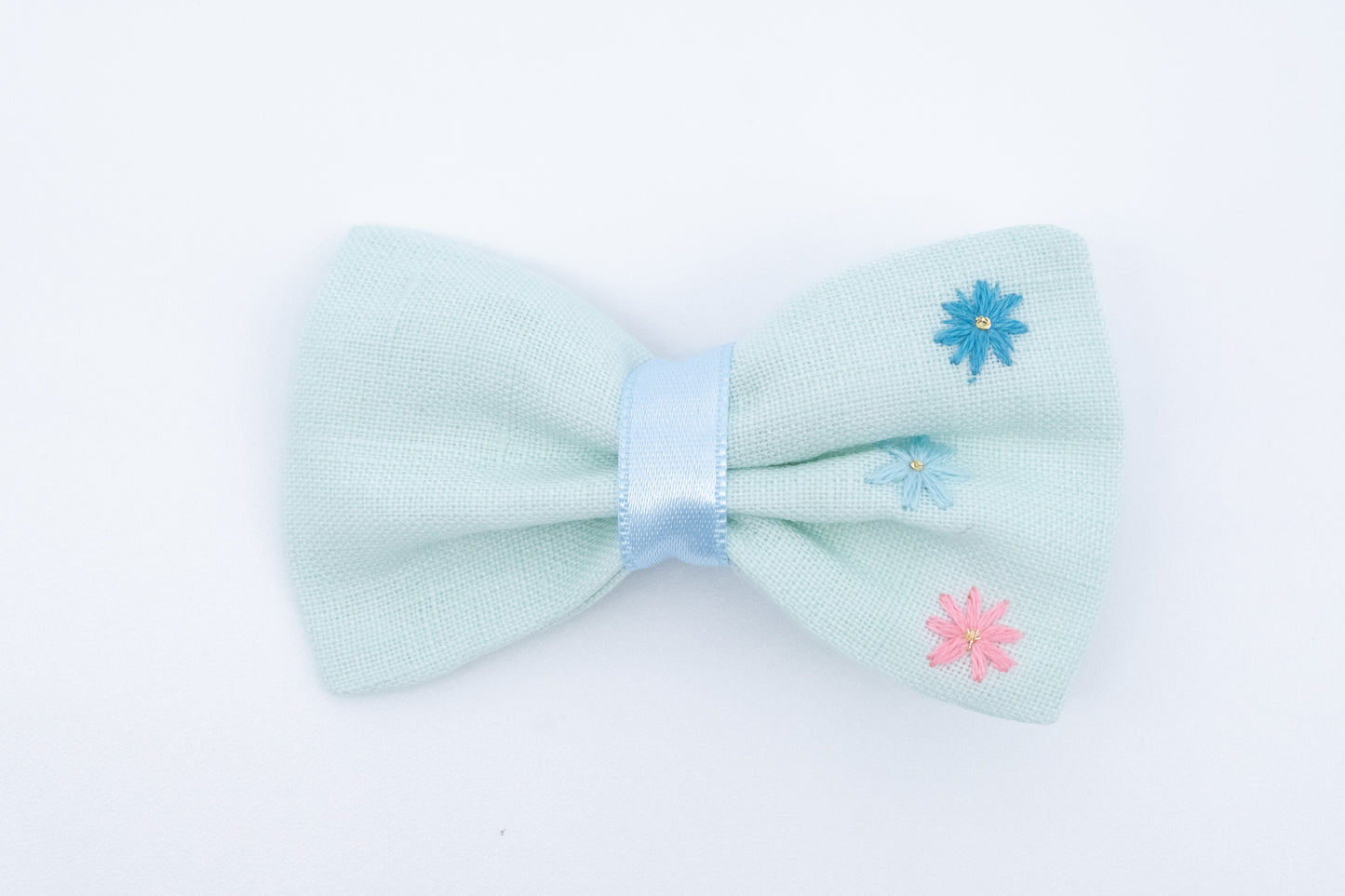 Bow clip capelli in lino acqua marina piccole margherite ricamate a mano