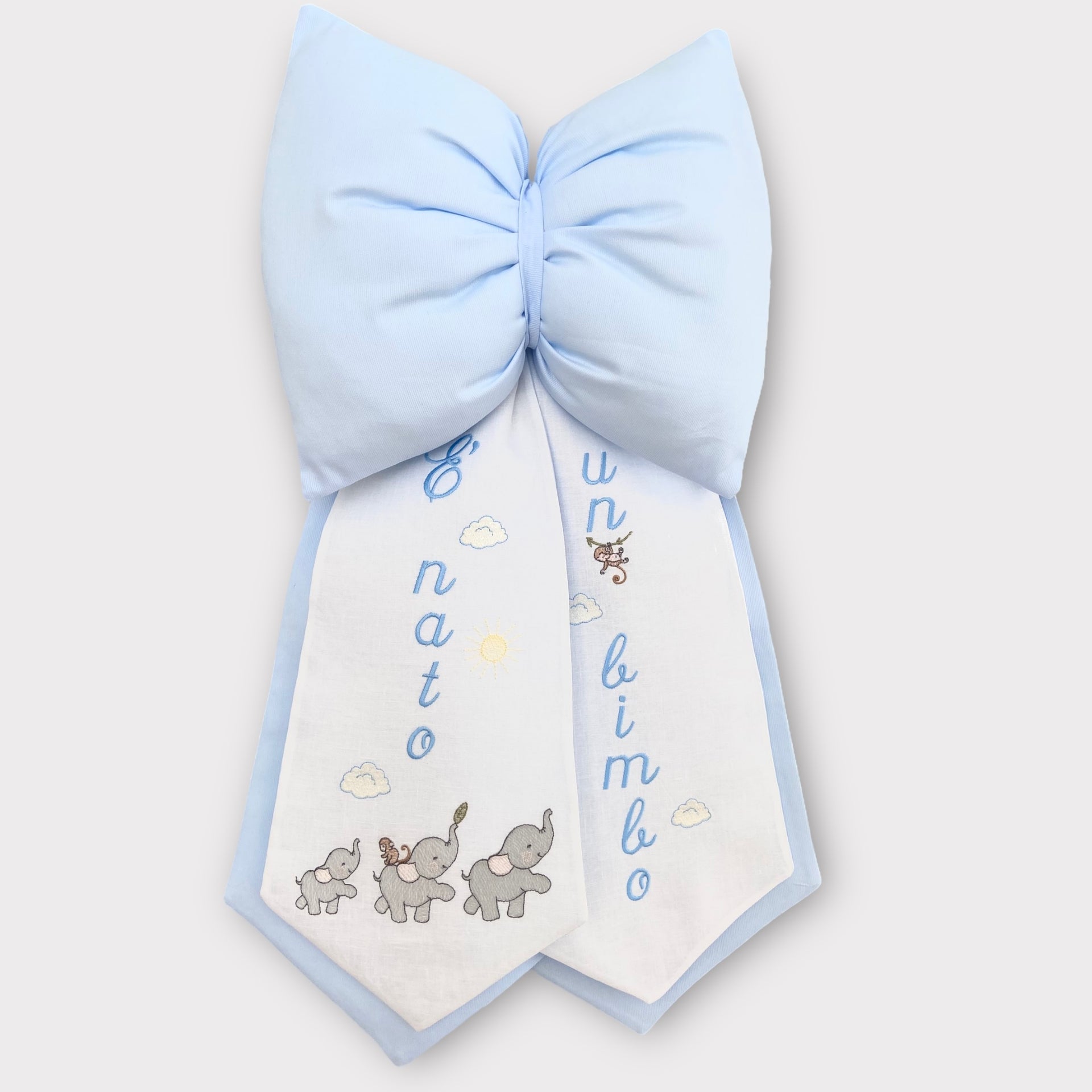 Light blue baby birth bow - Safari elephant embroidery Sweet march –  Embroidery store di Letizia