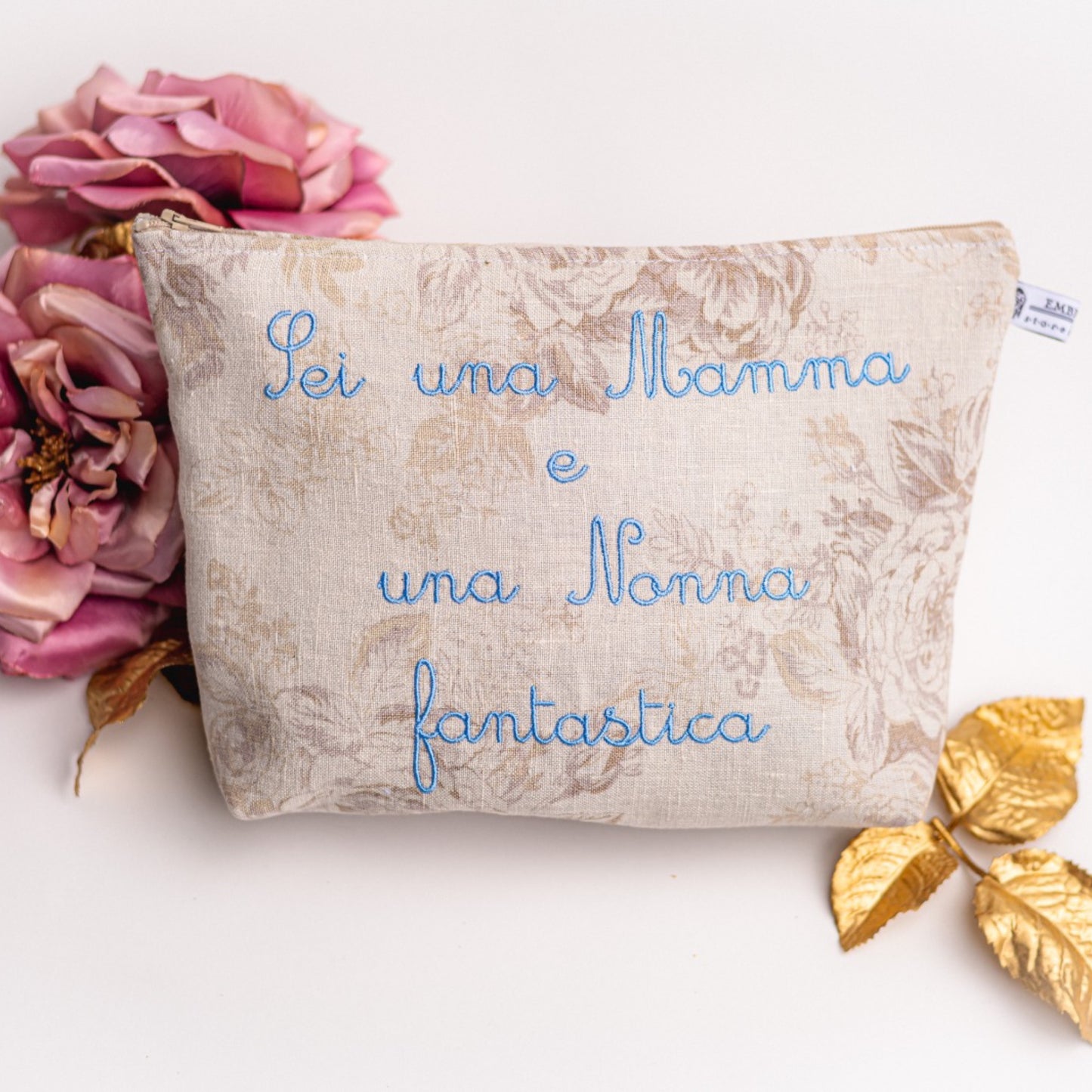 Trousse in Lino con Rose Ecru - Collezione Mother's Day